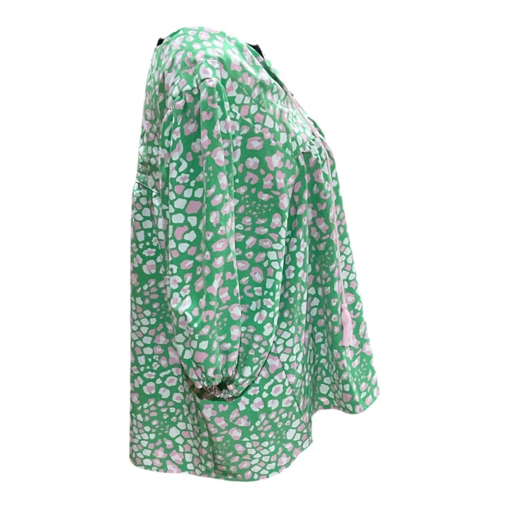 Michelle McDowell Green Pink Leopard Print Tassel Balloon Sleeve Blouse Large - Picture 3 of 5
